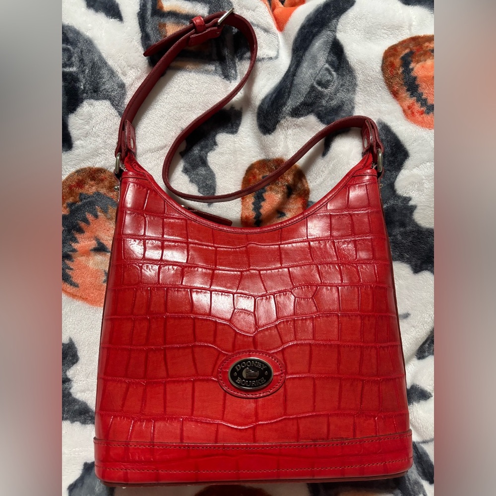 Vintage Dooney and Bourke Croc Embossed Leather Small Hobo Bag-Crimson
